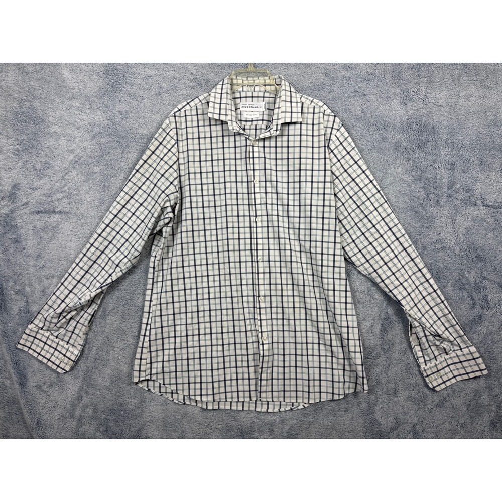 Mizzen+Main Mens XXL White Blue Check Leeward Trim Fit Performance Dress Shirt